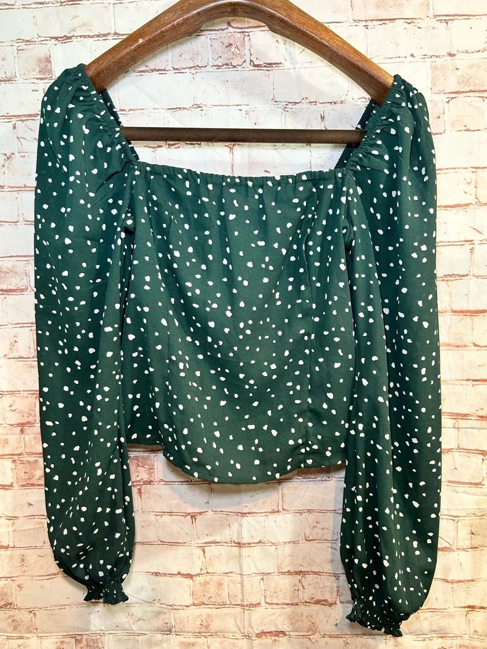 Abercrombie & Fitch Green Polka Dot Long Puff Sleeve Square Neck Off Shoulder